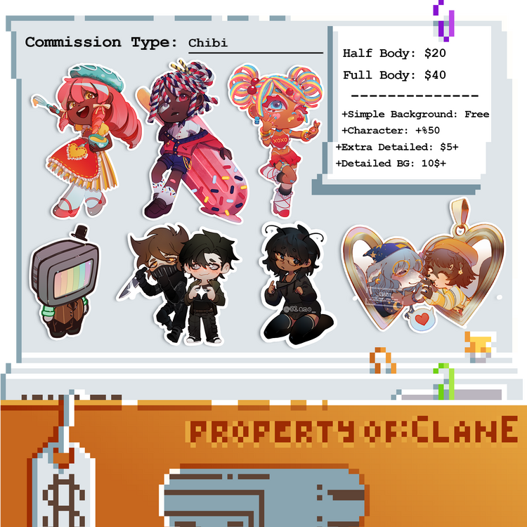 Untitled Chibi. Half Body: $20 Full Body: $40 +Simple Background: Free +Character: +%50 +Extra Detailed: $5+ +Detailed BG: 10$+