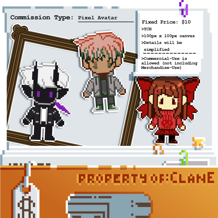Pixel Avatar. Fixed Price: $10 -YCH -100px x 100px canvas -Details will be simplified -------------- -Commercial-Use is allowed (not including Merchandise-Use)