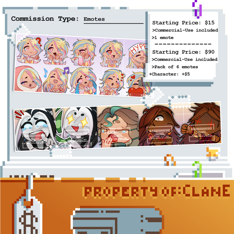 Emotes. Starting Price: $30 -------------- +Detailed BG: +$10 +Character: +%50 +Extra Detailed: +$10