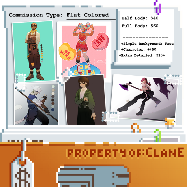 Simple Shaded. Half Body: $40 Full Body: $60 +Simple Background: Free +Character: +%50 +Extra Detailed: $10+