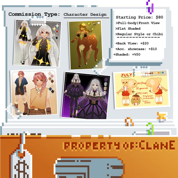 Rendered Chibi. Half-body: $20. Full-body: $40. Additional character: + 50%. Extra Details: + $5. Detailed Background: +$10.