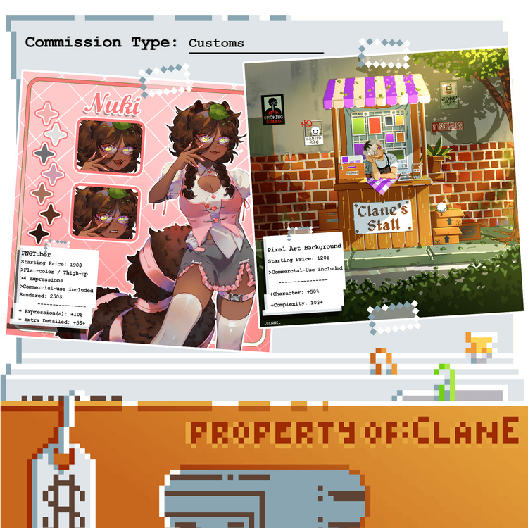 PNGTuber Starting Price: 190$ -Flat-color / Thigh-up -4 expressions -Commercial-use included Rendered: 250$ + Expression(s): +10$ + Extra Detailed: +5$+ Pixel Art Background Starting Price: 120$ -Commercial-Use included +Character