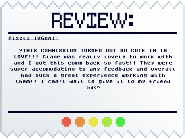 Pixzli [VGen]: THIS COMMISSION TURNED OUT SO CUTE IM IN LOVE!!! Clane was really lovely to work with and I got this comm back so fast!! They were super accommodating to any feedback and overall had such a great experience working with him!! I can't wait to